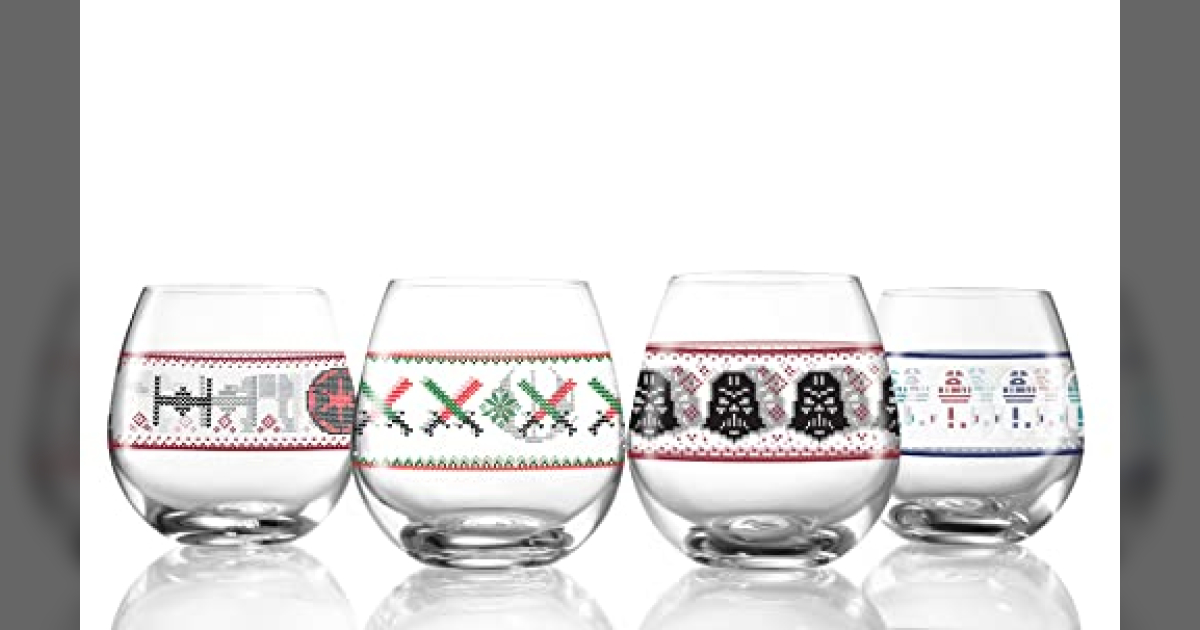 Holiday Cheer Set of 4 Stemless Wine Glasses with Christmas Icons Includes 4  Designs